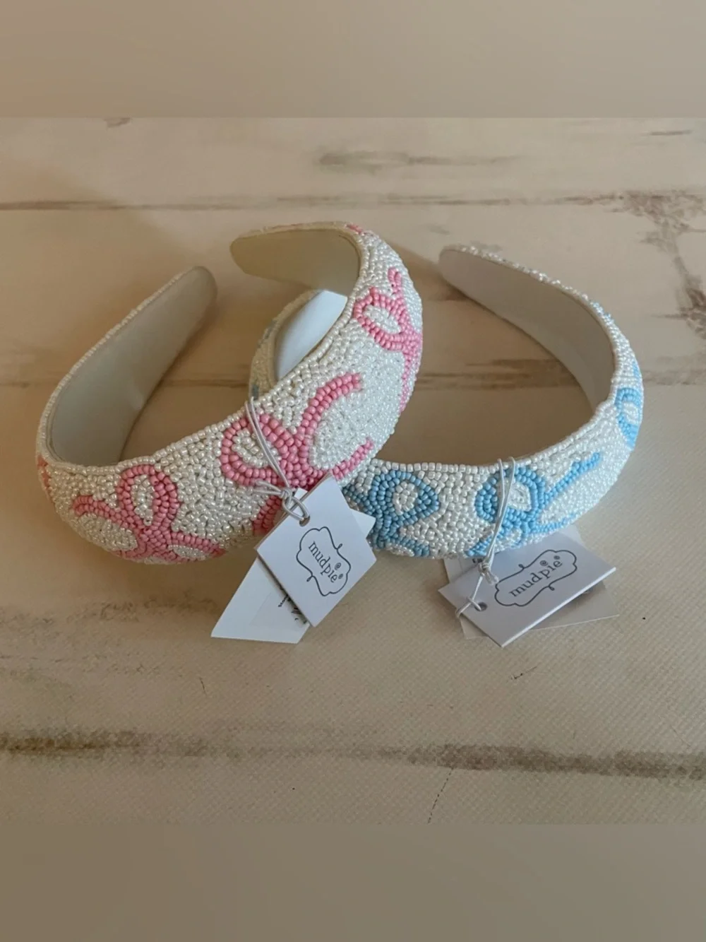 Mud Pie Beaded Bow Headband Set Pink & Blue